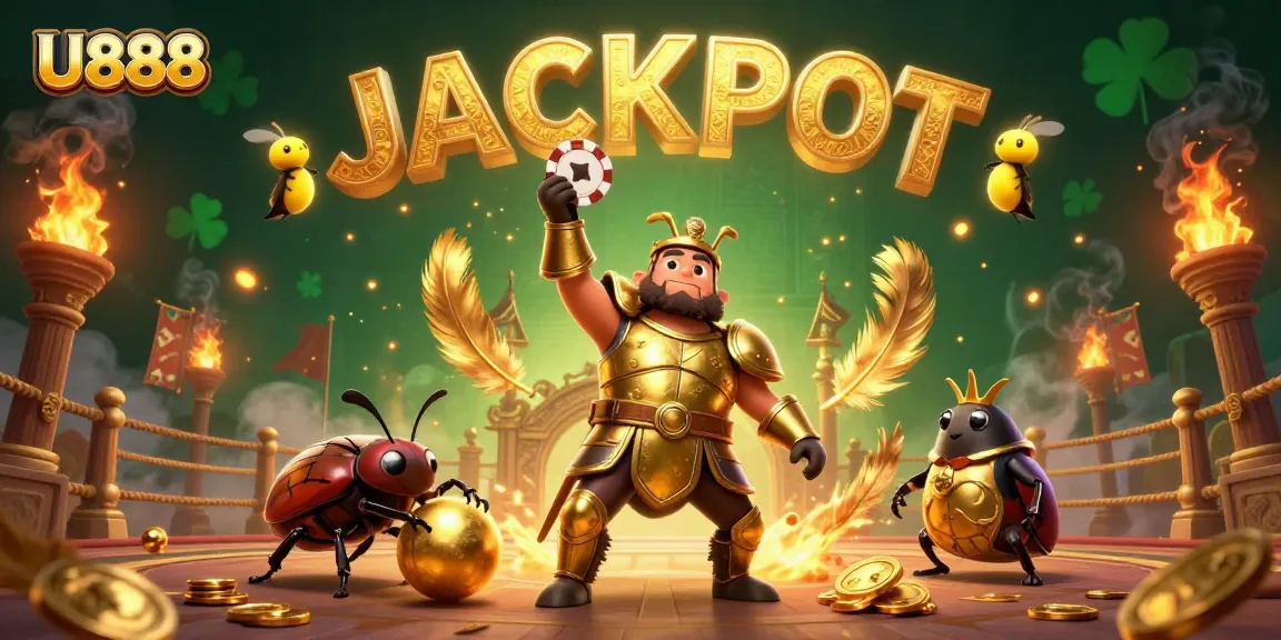 U888 celebrates wins with a victorious beetle lifting a poker chip at an exciting gaming arena.