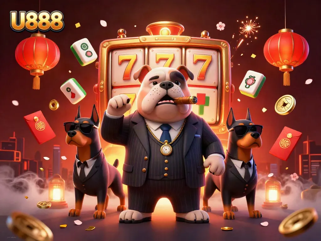 Engage in thrilling gameplay at U888 with cartoon bulldog and Doberman bodyguards, showcasing energetic casino elements.