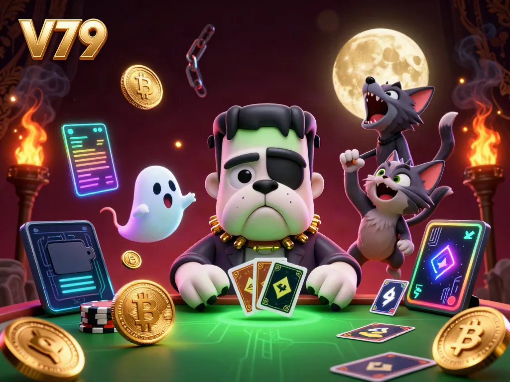 V79 themed illustration featuring a Frankenstein bulldog monster dealing cards at a casino table.