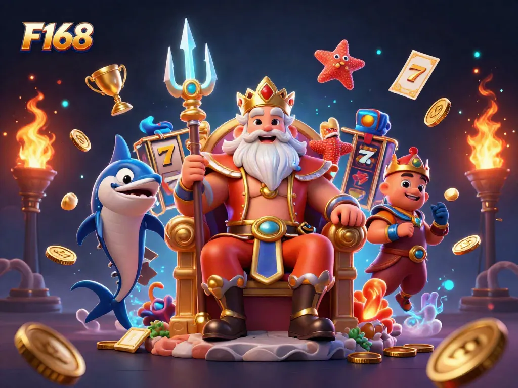 Experience the excitement of F168 with Neptune and friends celebrating jackpot wins.