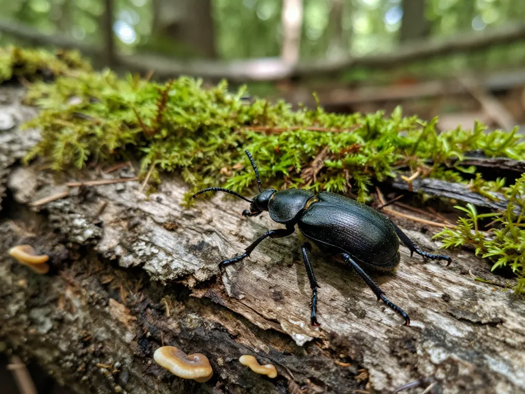 Coleotteri del legno che esplorano un tronco d'albero invecchiato in un ambiente forestale naturale.