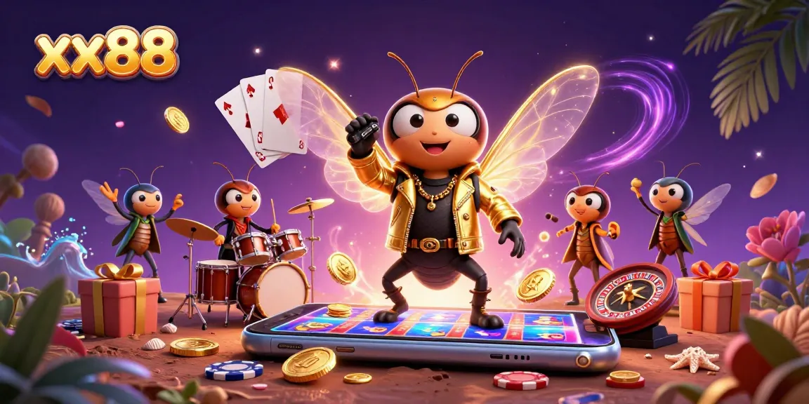 Play exciting games at xx88, featuring a vibrant scene of animated characters in a casino setting.