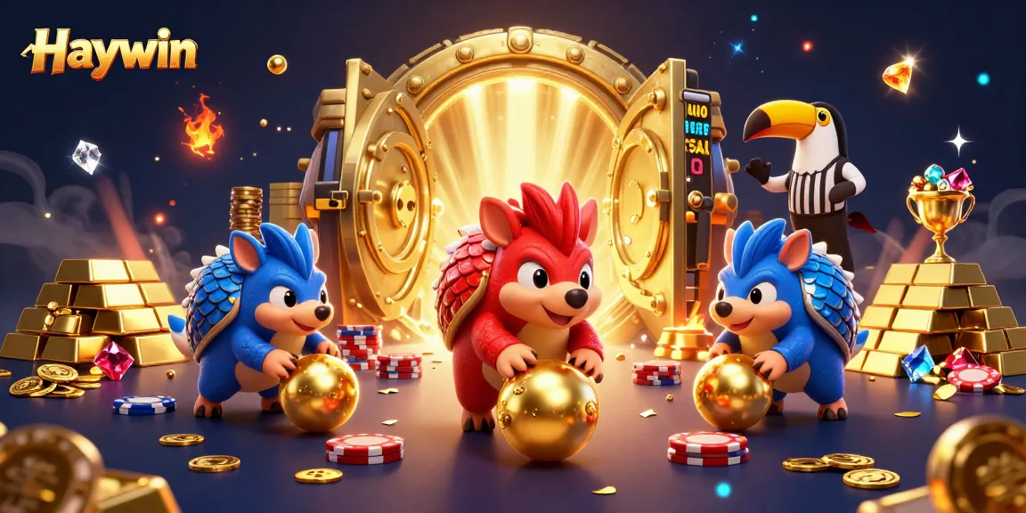 Haywin casino scene with rival pangolins bowling through poker chips amidst gold treasures and vibrant confetti.