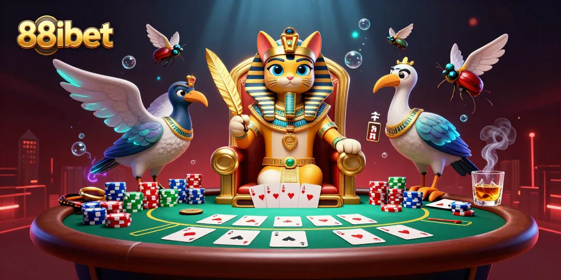 Engage with 88ibet's vibrant gambling scene showcasing a royal pharaoh cat and poker elements.