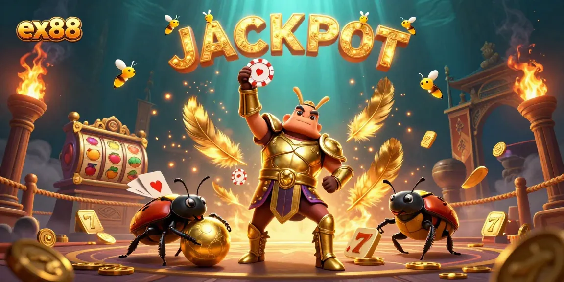 Experience the ex88 jackpot excitement with a victorious beetle in a vibrant casino scene.