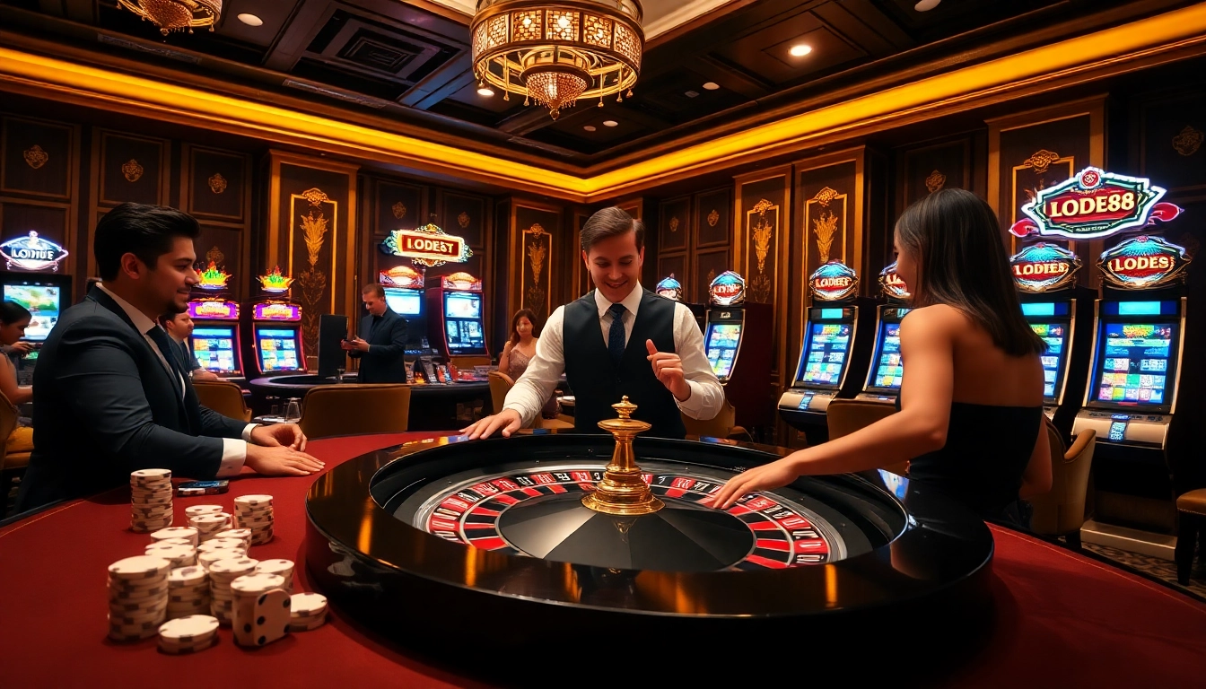 Excited players betting at LODE88's luxurious roulette table in a vibrant casino setting.