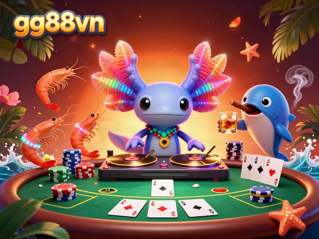 Experience vibrant gambling energy with gg88vn, featuring neon characters and dynamic poker elements.