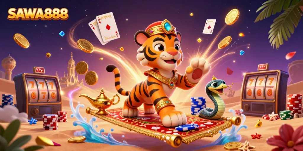 Experience the thrill of casino magic with SAWA888, featuring a vibrant tiger sultan and flying poker chip carpet