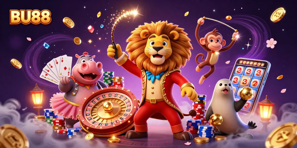 Experience the thrill of BU88 as the lion ringmaster commands a dazzling casino scene.