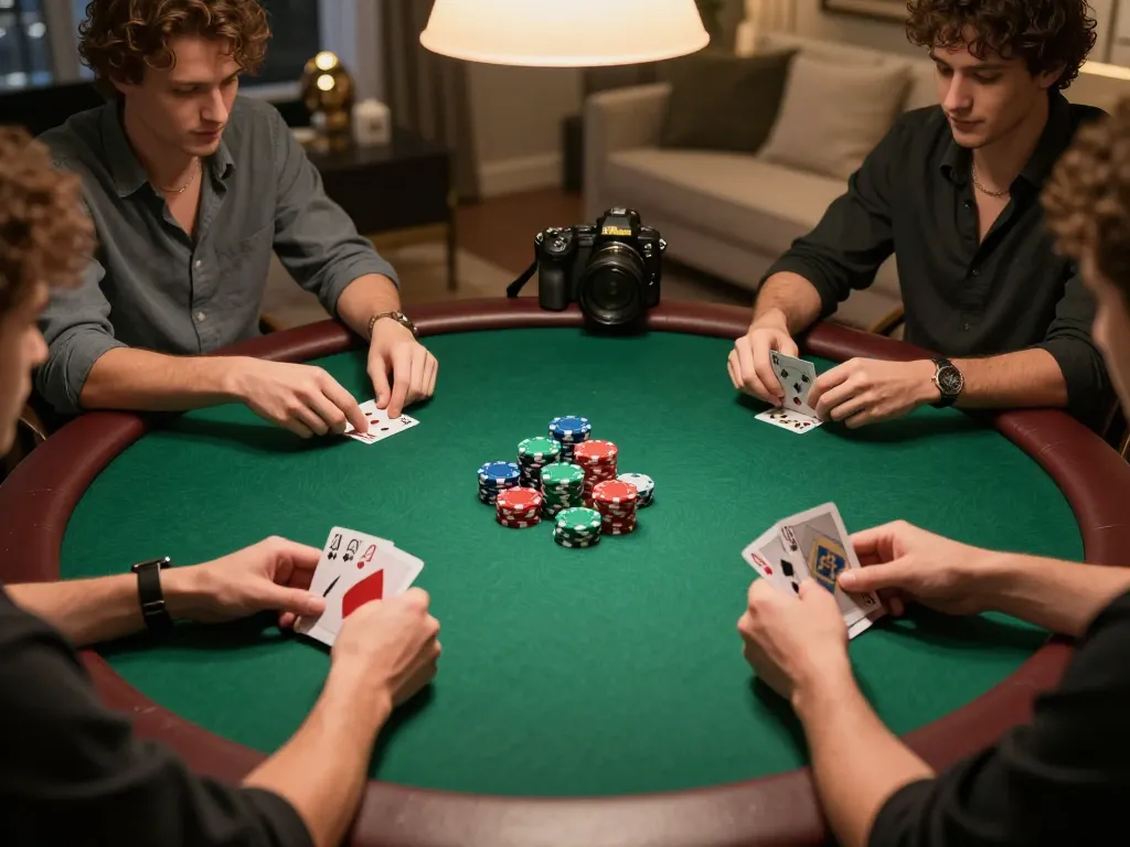 Players engaging in a strategic poker game at home, showcasing action with DA88 poker chips and cards.