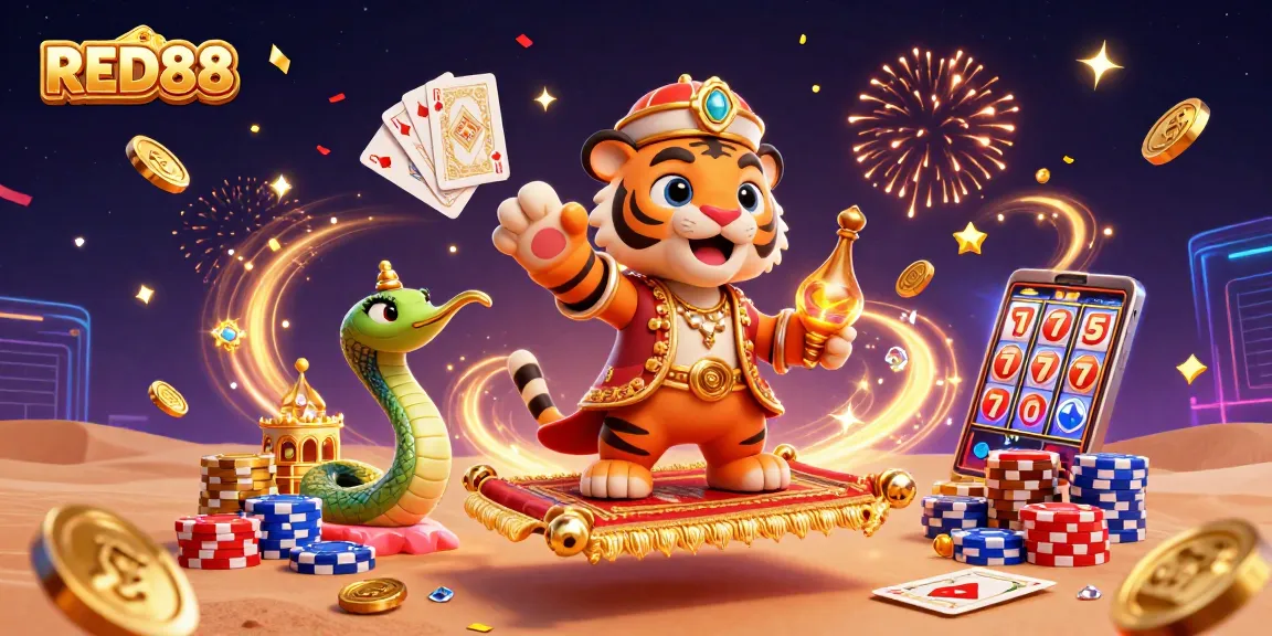 Experience thrilling wins with RED88's dynamic casino action featuring festive characters and vibrant gaming elements.