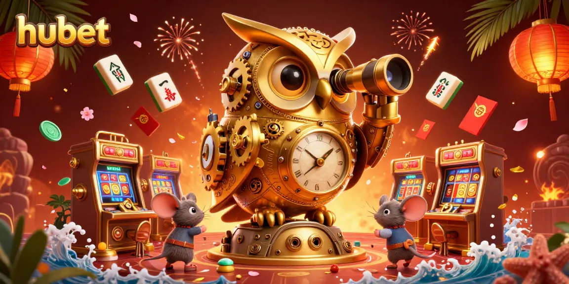 Engage with hubet's dynamic 3D casino illustration featuring a golden owl and animated mice among slot machines.