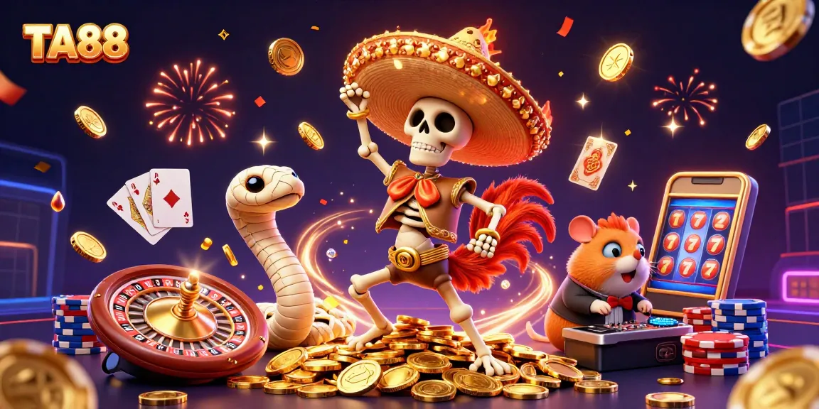 Experience the excitement of TA88 with a vibrant casino scene featuring animated characters in action.