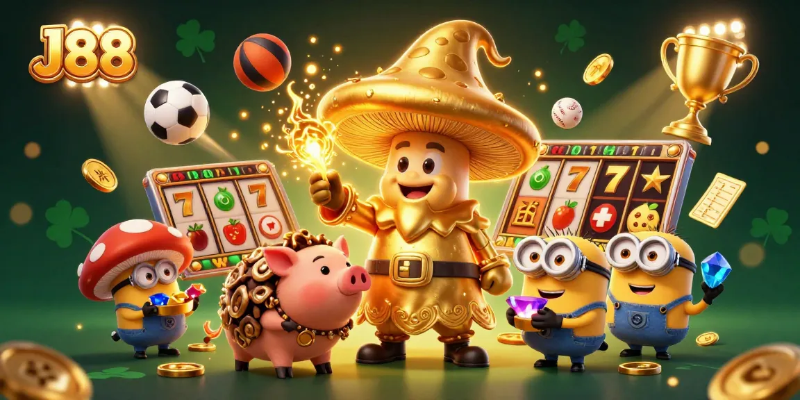 J88 reveals golden treasures in a packed casino scene with magical characters and sports elements.