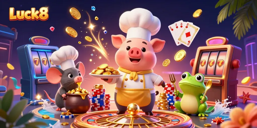 Experience the thrill of Luck8 with a vibrant scene featuring a chef pig serving gold, alongside animated characters and casino elements.