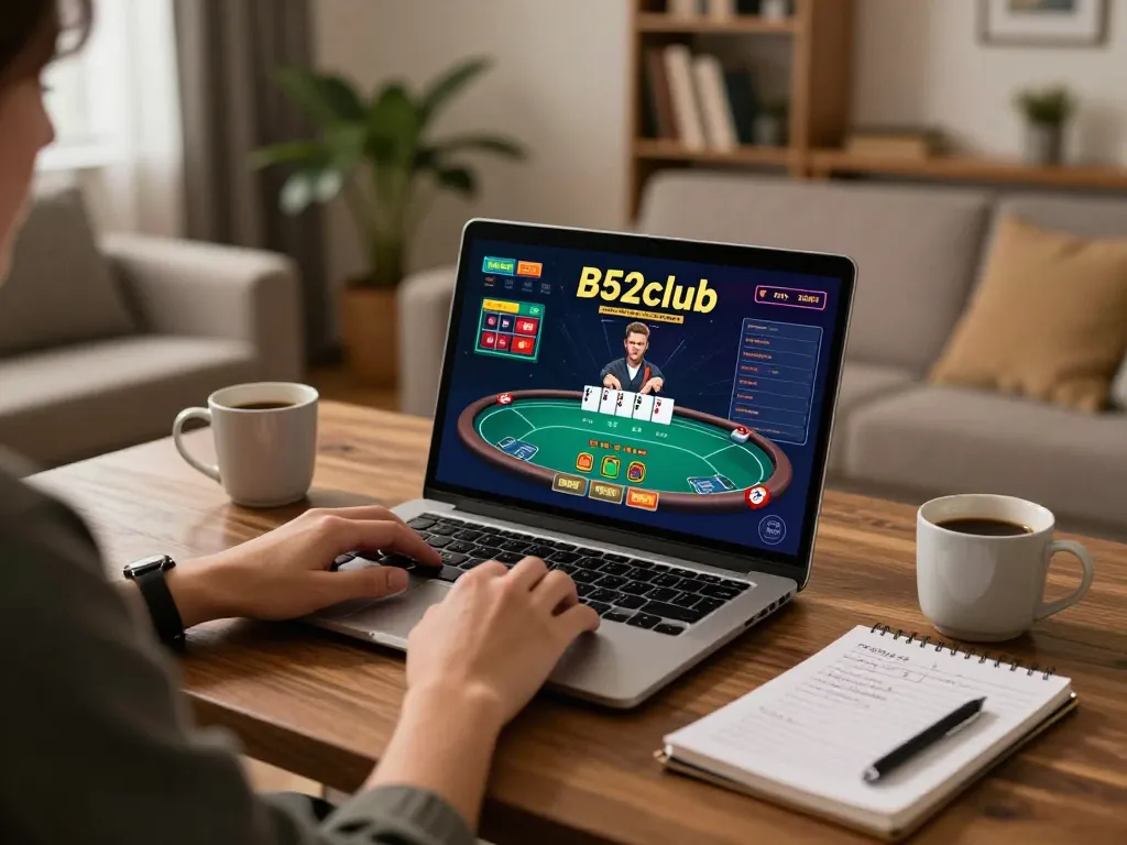B52club player engaging in online poker strategy at home with laptop and notes.