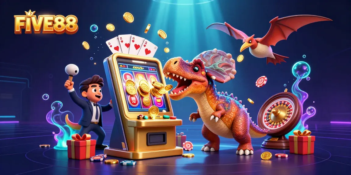 Experience the excitement of FIVE88 as a cartoon dinosaur hits a golden slot machine amid a colorful casino frenzy.