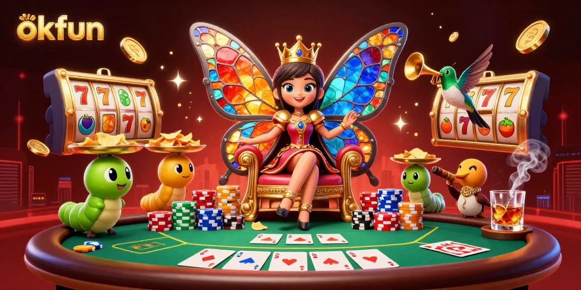 Engage with okfun's vibrant casino scene featuring a butterfly queen amidst colorful poker elements.