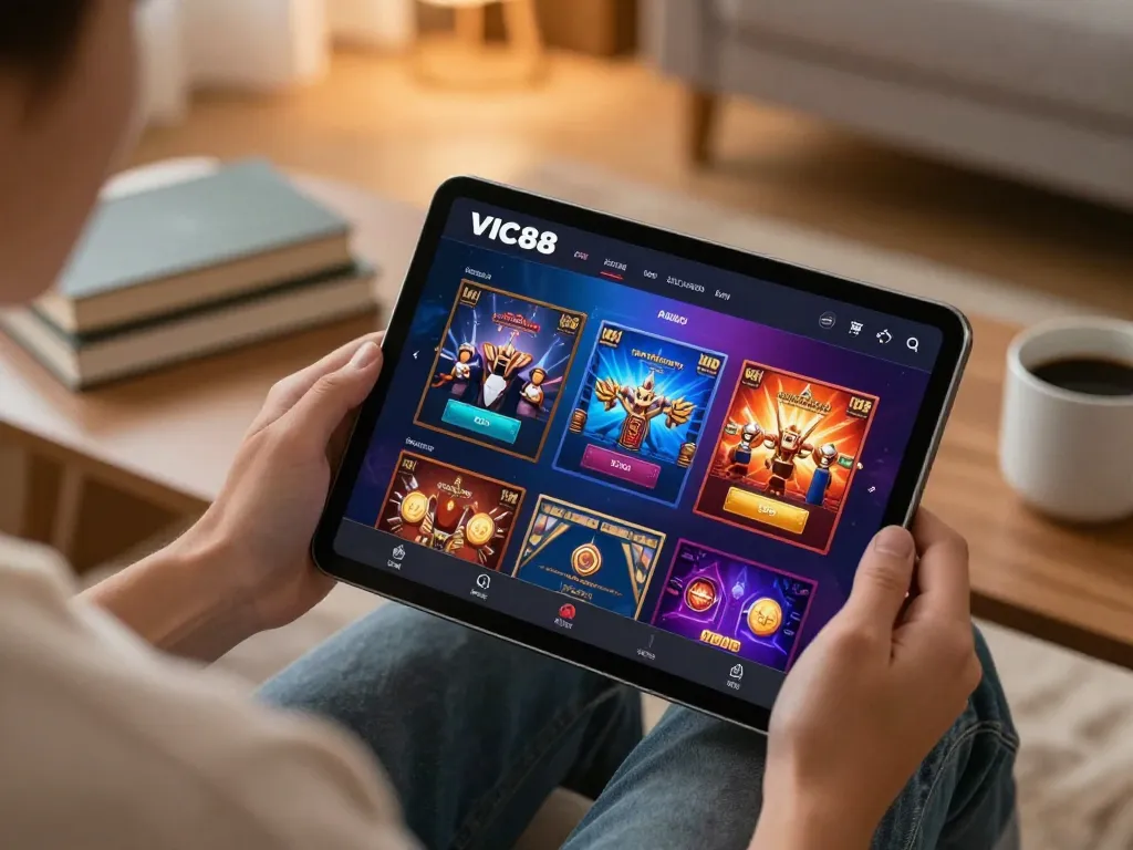 Engaging gameplay on VIC88 app in a cozy home setting, emphasizing strategic online casino experience