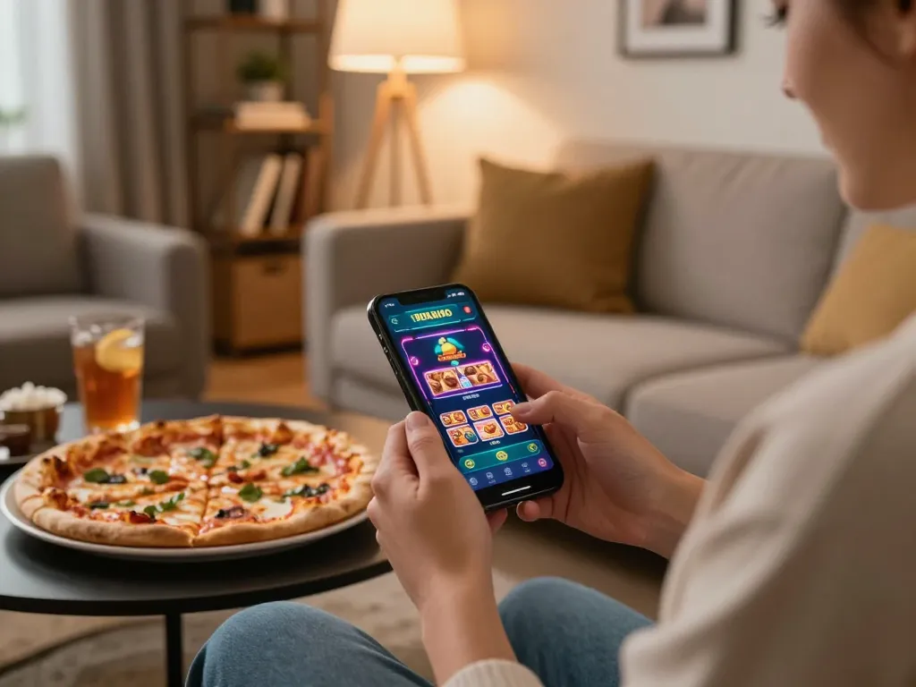 Engaging with 88aa com casino app on smartphone in modern living room, highlighting responsible gaming.