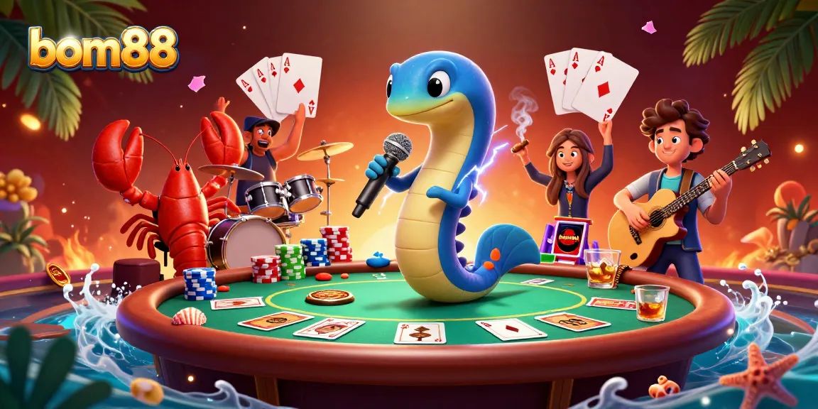 Experience the excitement at bom88 with vibrant poker action and dynamic characters in an underwater casino setting.
