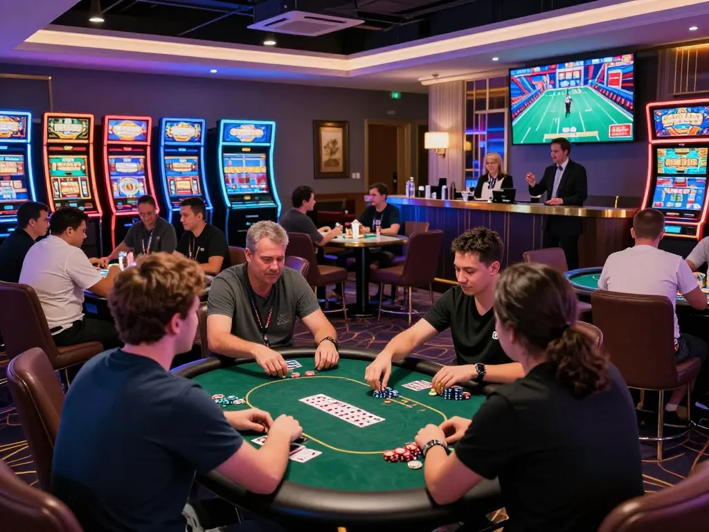 Exciting Bomwin gaming scene filled with enthusiastic players, poker chips, and vibrant neon lights.