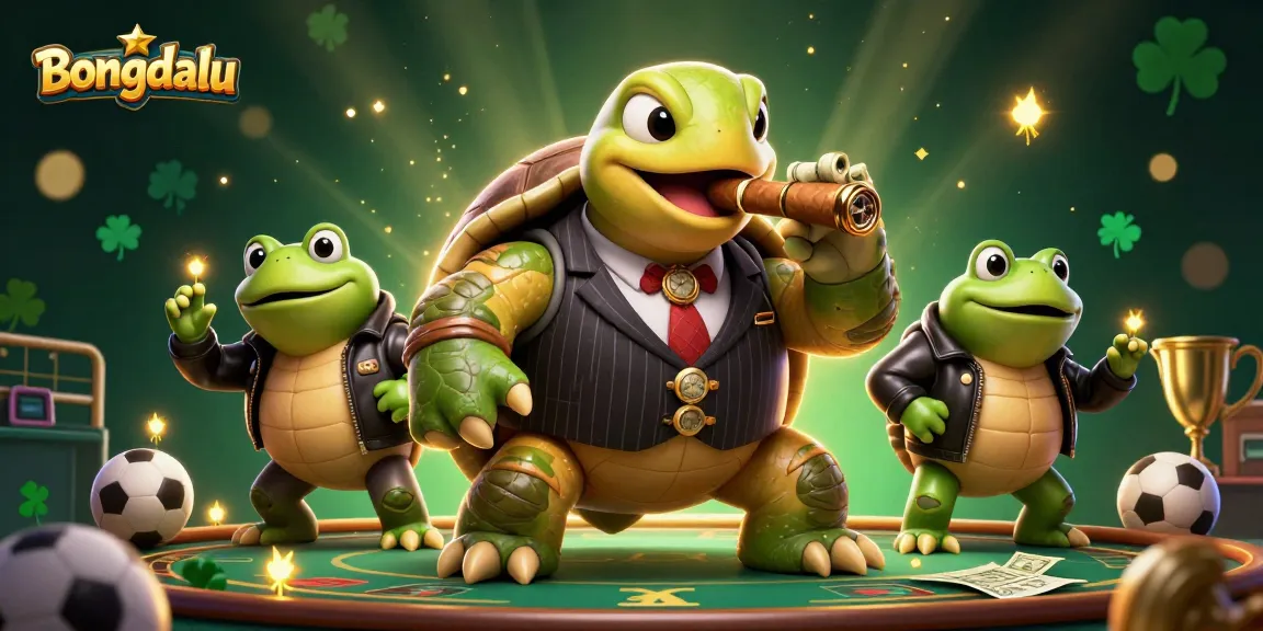Bongdalu engages sports bettors with a vibrant 3D scene featuring a turtle in a mobster suit and football elements.