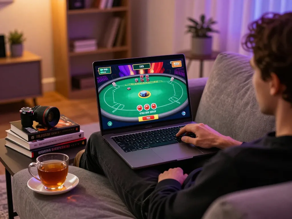 Experience thrilling poker action with U888 in a cozy home setup, showcasing strategic gameplay