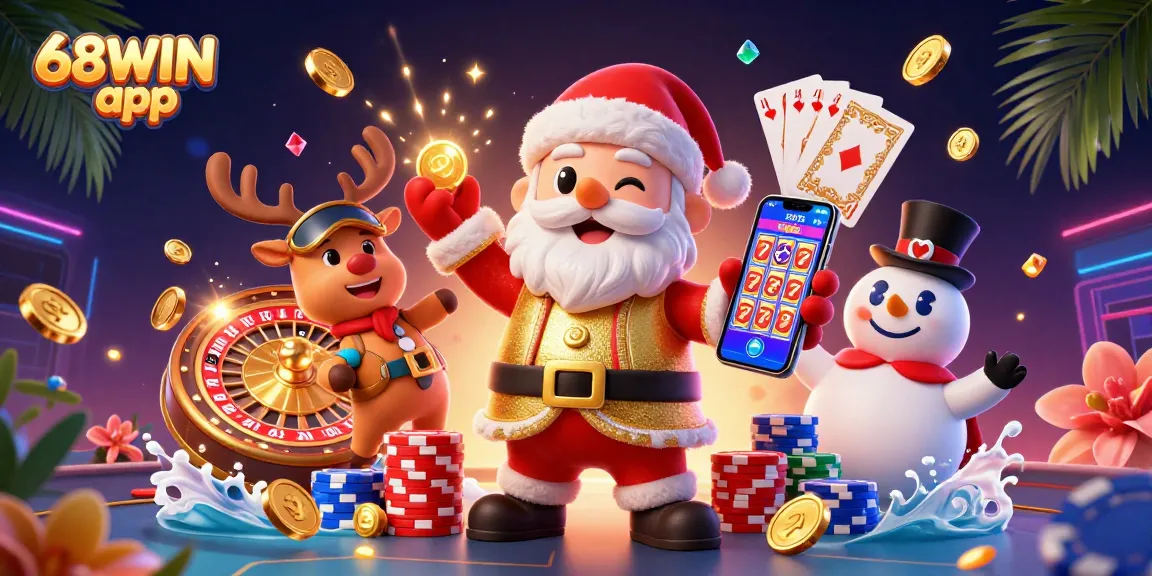 Engage with the thrilling 68WIN app in this vibrant, dynamic casino-themed 3D illustration.