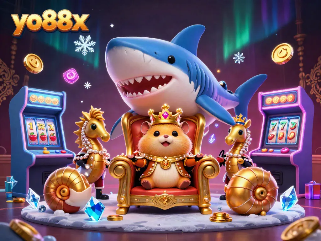 Experience thrilling gameplay at yo88x with a regal hamster king amidst glowing slot machines and casino treasures.