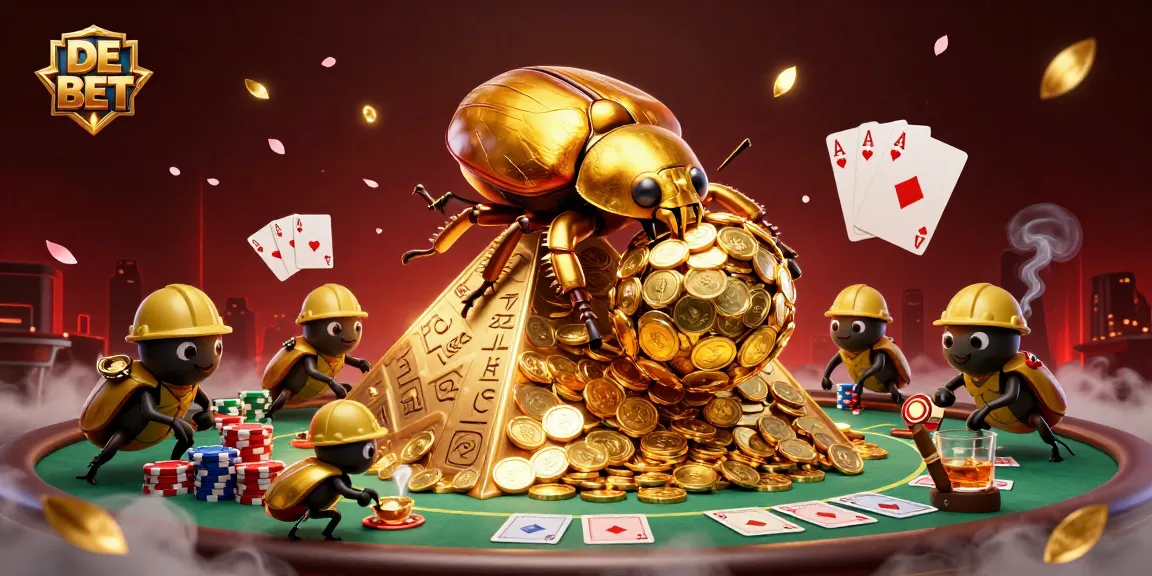 Rolling in winnings at DE BET with golden coins and poker chips in a vibrant casino scene