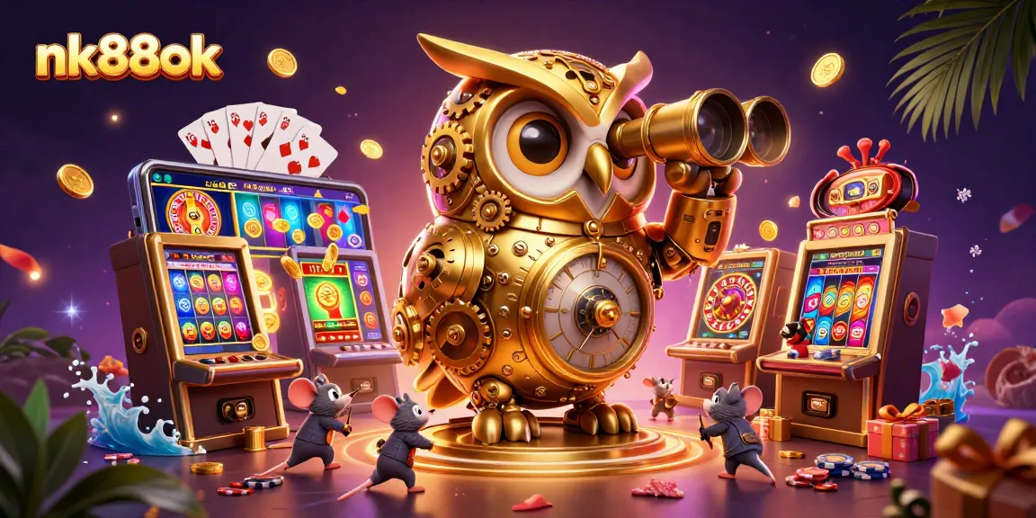 Engage with nk88ok's vibrant casino scene featuring a golden owl, slot machines, and festive game elements.