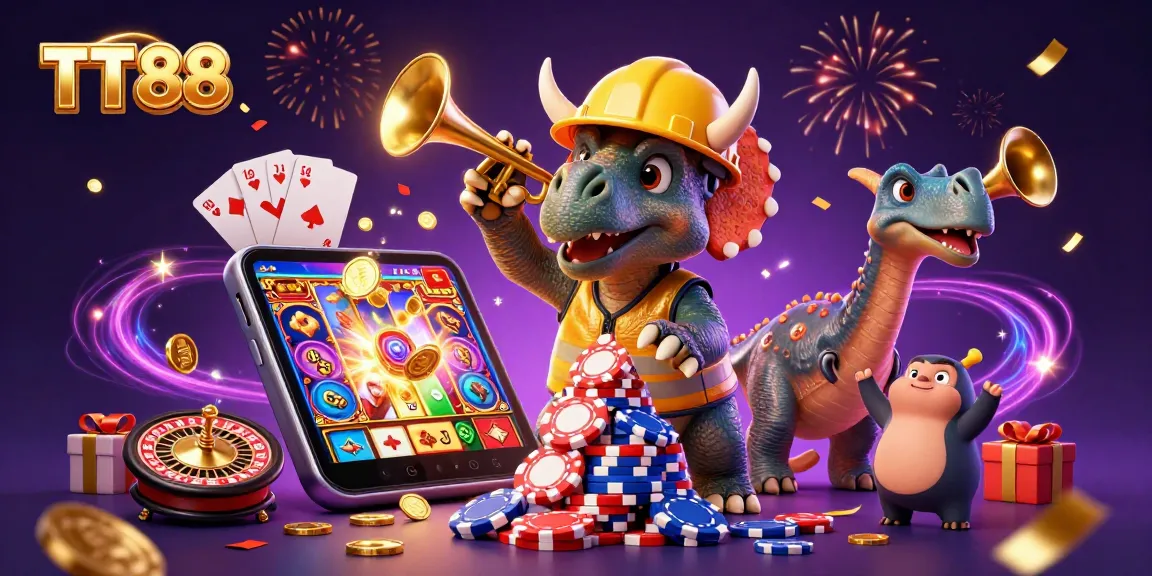 TT88 triceratops builds poker chip pyramid with slot game excitement and lively celebration