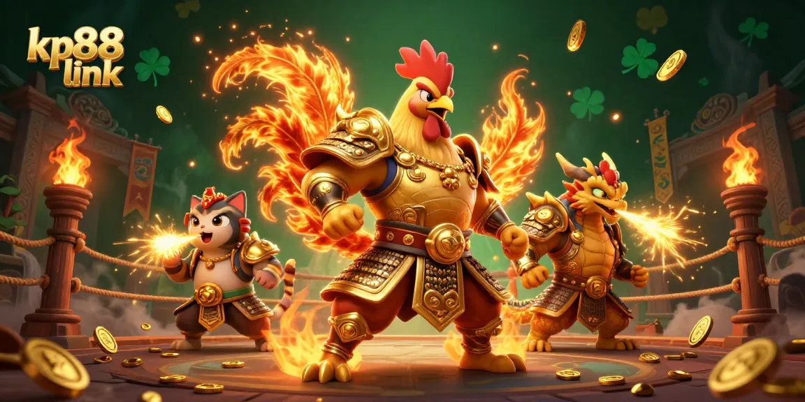 Engage with the thrilling world of KP88 link, highlighted by a 3D rooster warrior and dragon in a gold-themed gambling arena.