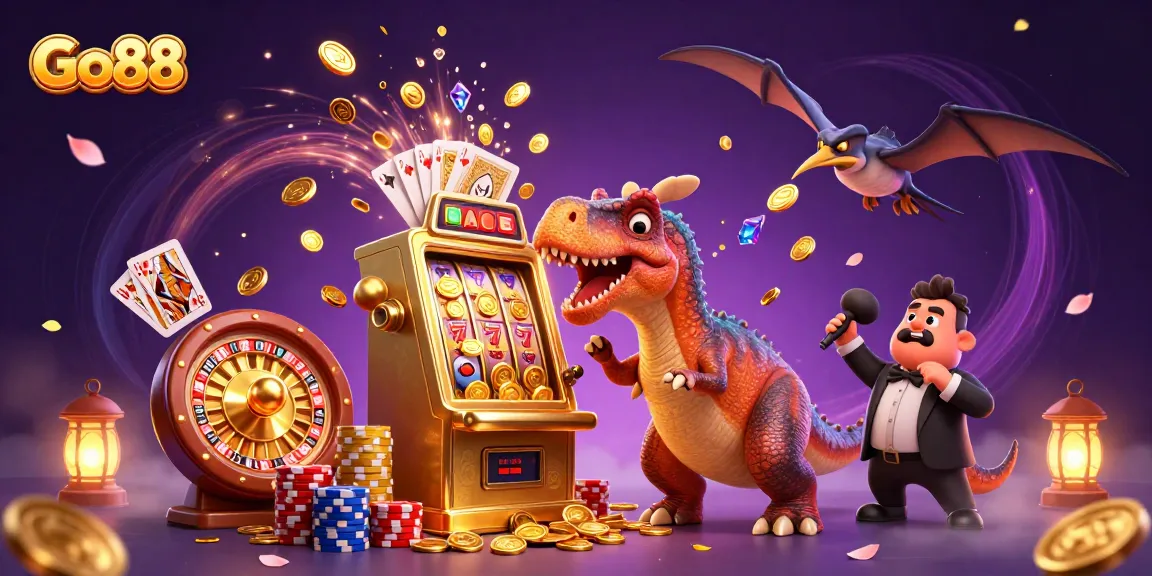 Go88 highlights a dinosaur jackpot scene with cascading coins and vibrant casino elements.