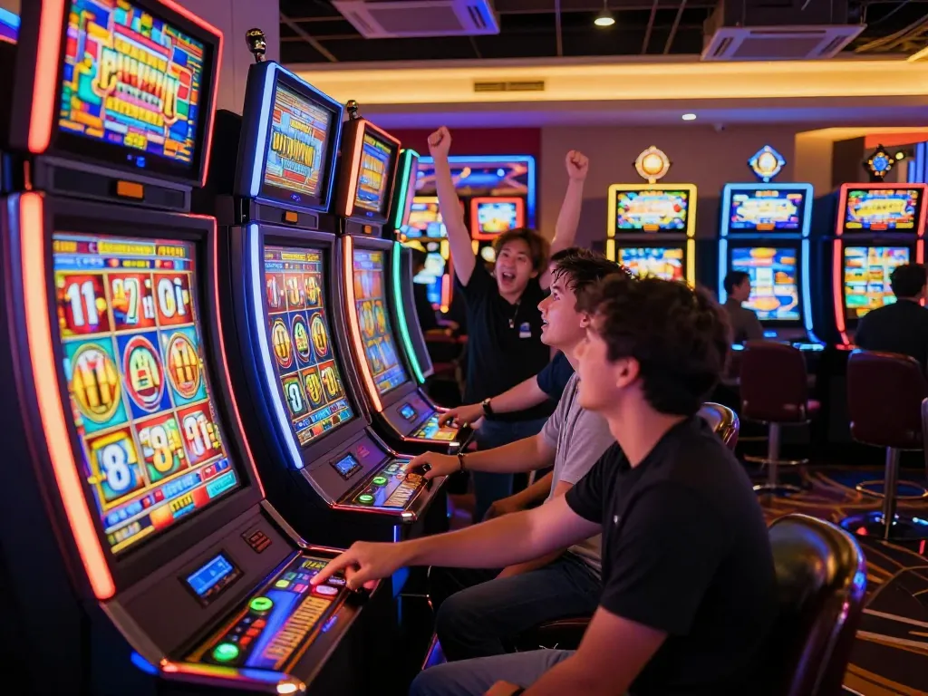 Tampilan permainan Slot Gacor Hari Ini yang menarik dengan mesin slot berwarna-warni dan pemain yang merayakan kemenangan.