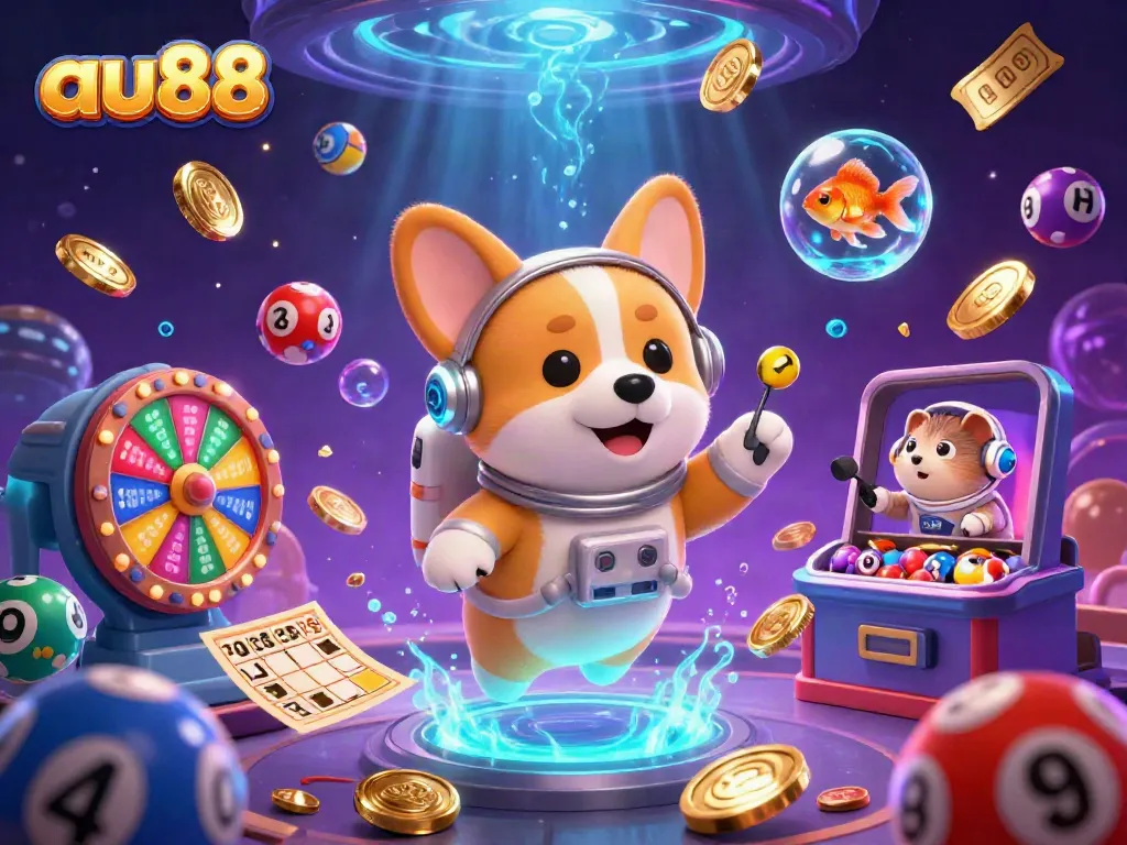 Experience excitement in the au88 space station casino with the astronaut corgi and vibrant game elements.