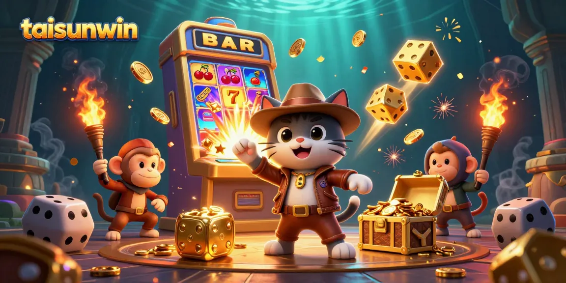 Engage with the exciting world of taisunwin through this vibrant 3D cartoon scene, showcasing a cat explorer and golden rewards.