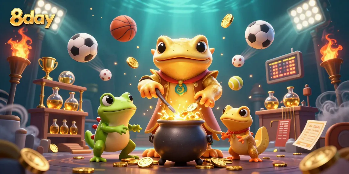 Experience thrilling gameplay at 8day with golden elements and dynamic sports symbols in a vibrant casino scene.