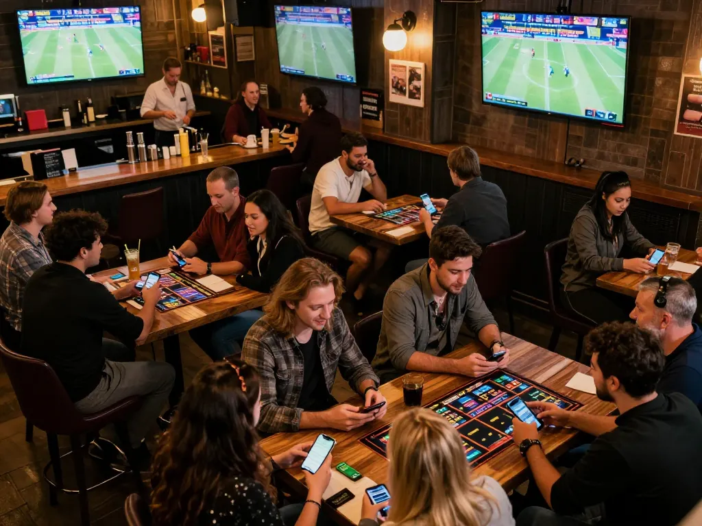 Sports betting excitement with fans placing bets on kèo nhà cái in lively sports bar atmosphere