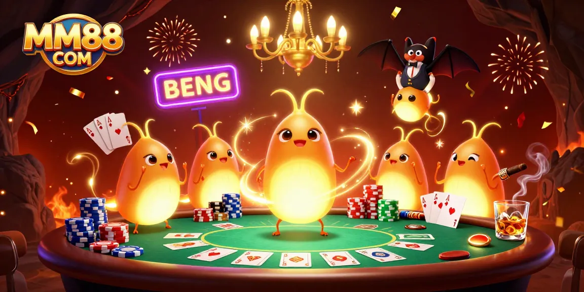 Experience thrilling gaming at MM88 COM with our vibrant cave casino illustration, featuring glowworms and a bat dealer.