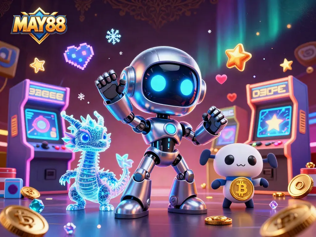 MAY88 offers thrilling gaming action in a vibrant 3D illustration featuring a futuristic robot and digital elements.