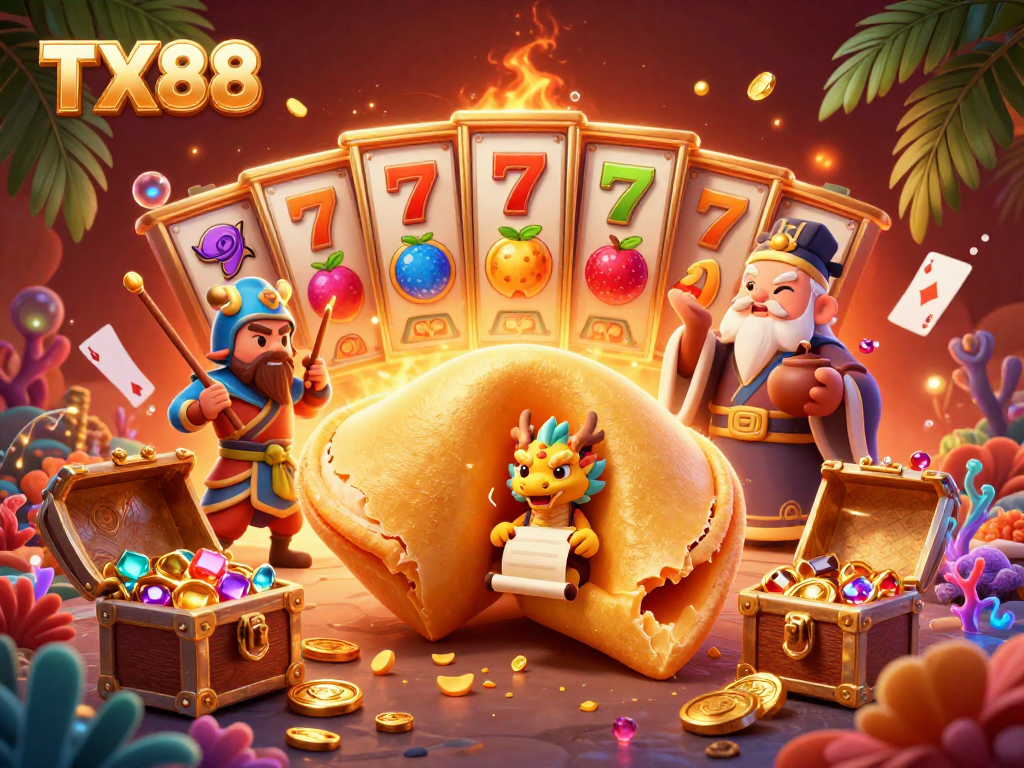 Engage with TX88's vibrant 3D casino scene featuring a captivating fortune cookie and dynamic slot elements.