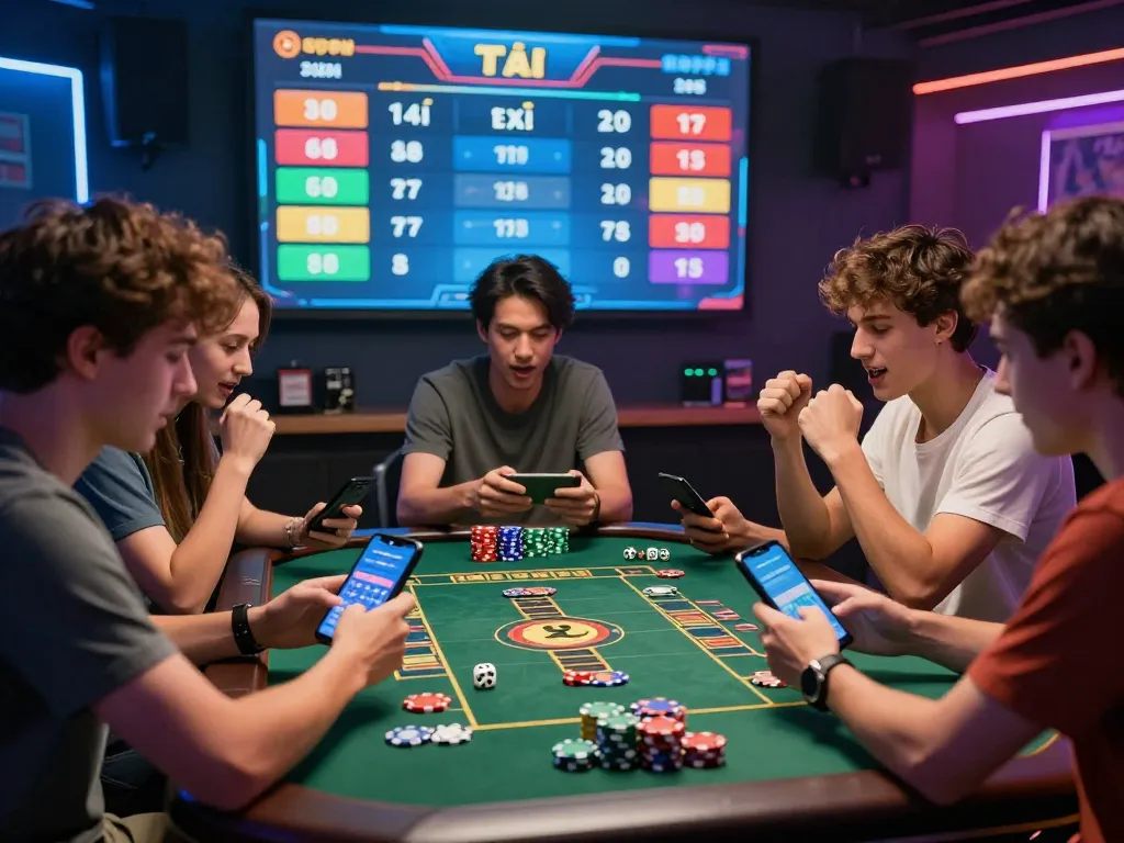 Tài xỉu sunwin players enjoying a lively gaming session with mobile devices and colorful chips.