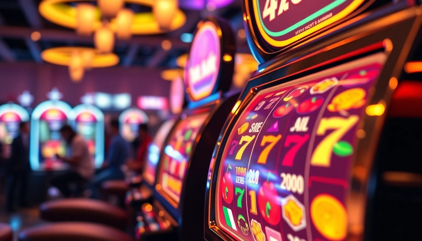 Experience the thrill of 555win with a vibrant slot machine scene showcasing excitement and colorful symbols of luck.