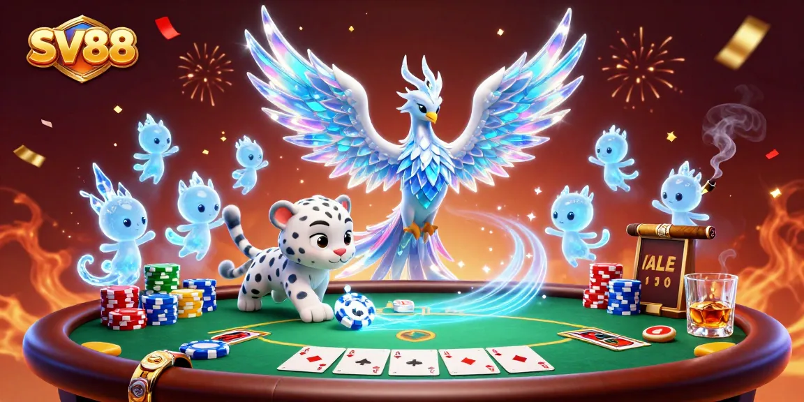Experience SV88 with an enchanting ice phoenix and playful cub at a vibrant poker scene.
