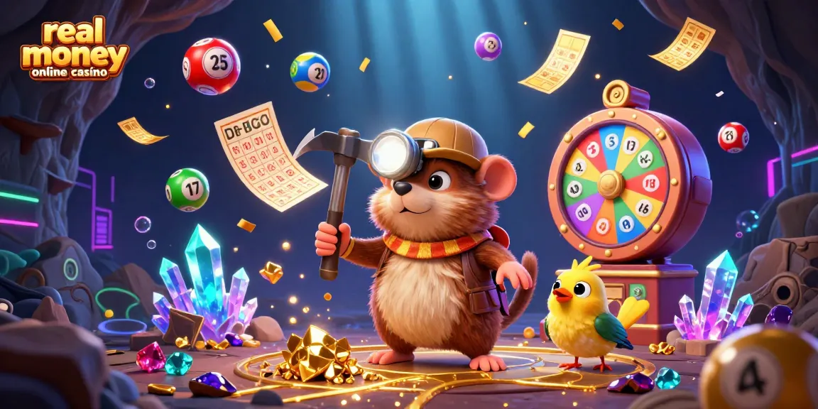 Engage in exciting gameplay at a real money online casino with vibrant lottery elements and a treasure hunter.
