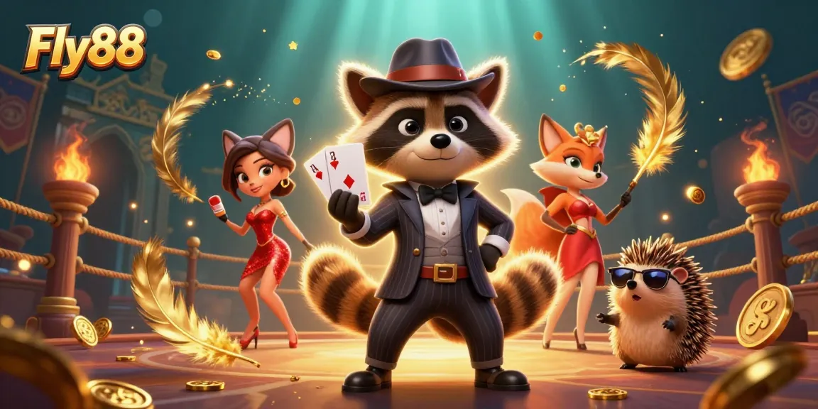Experience thrilling gaming action at Fly88 with a raccoon, fox, and hedgehog surrounded by vibrant casino elements