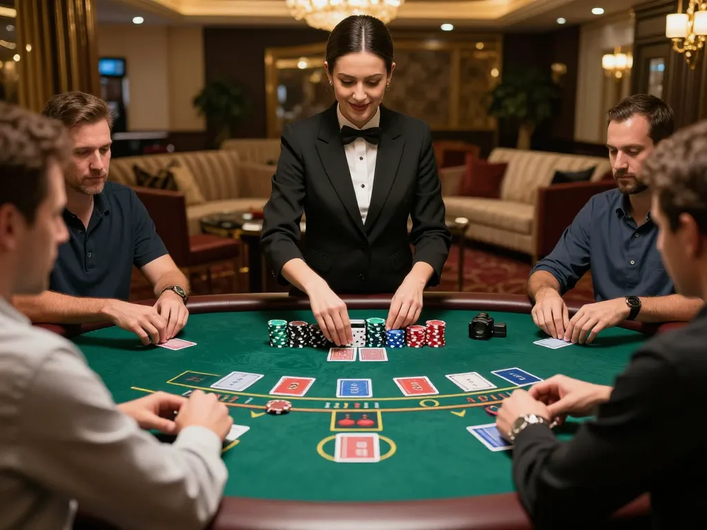 SIN888 blackjack table in an upscale casino with players engaged and dealer dealing cards