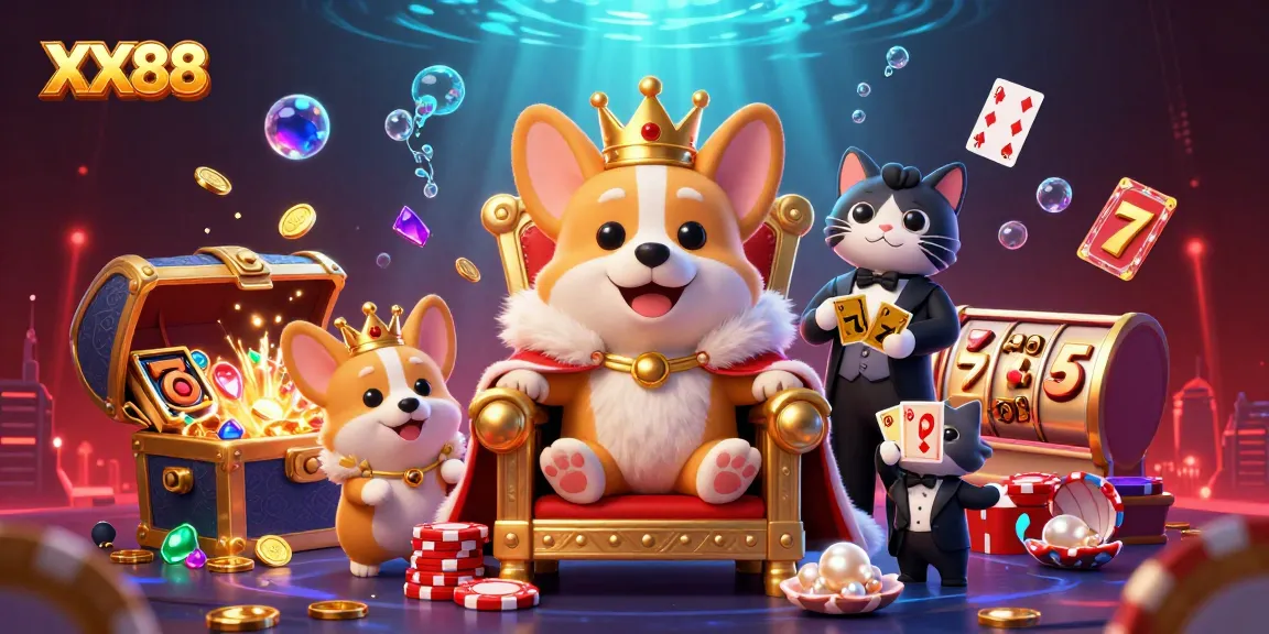 Join the exciting action at XX88 with a playful 3D corgi and vibrant slot elements, sparking joy and rewards.